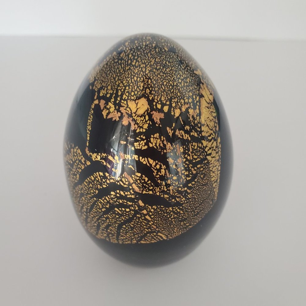 Vintage MCM Egg Paperweight Black Glass Gold Foil by GLASS ACT Collectible